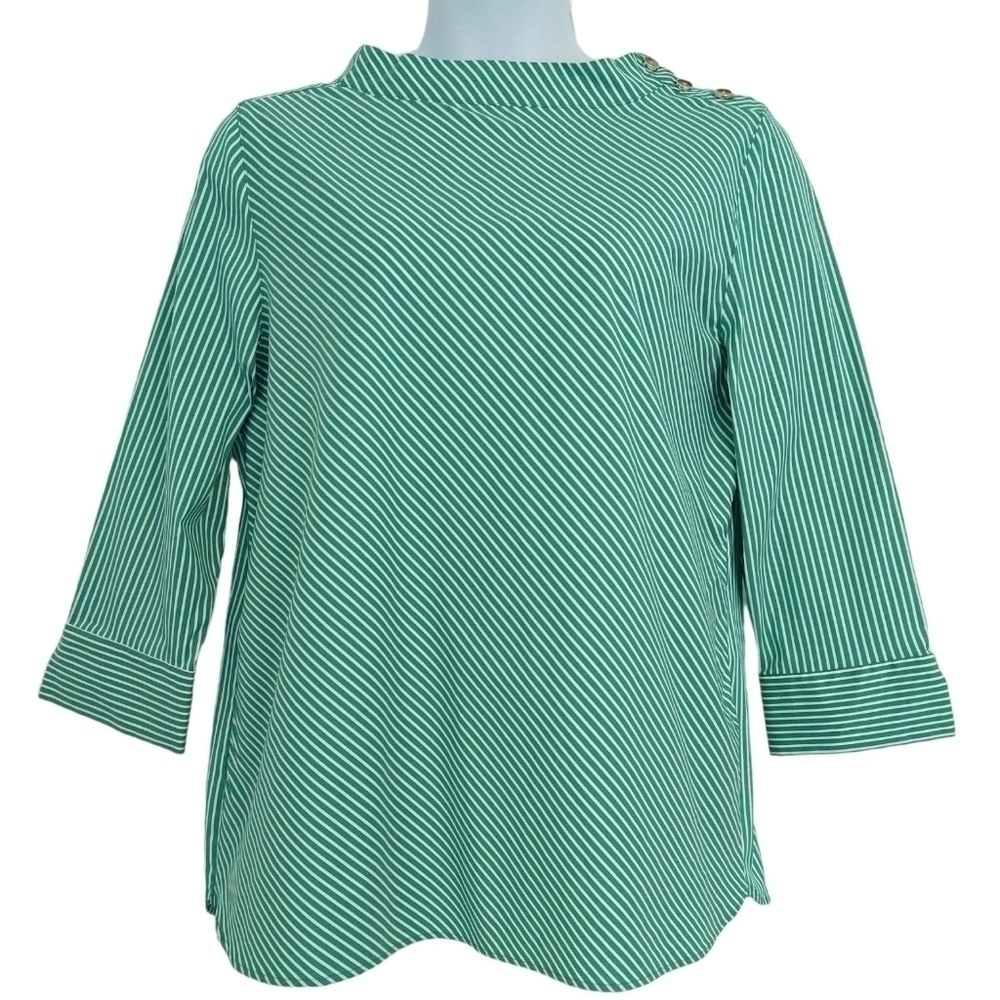 Chico's Green White Diagonal Stripe 3/4 Sleeve Top Shoulder Buttons Modern